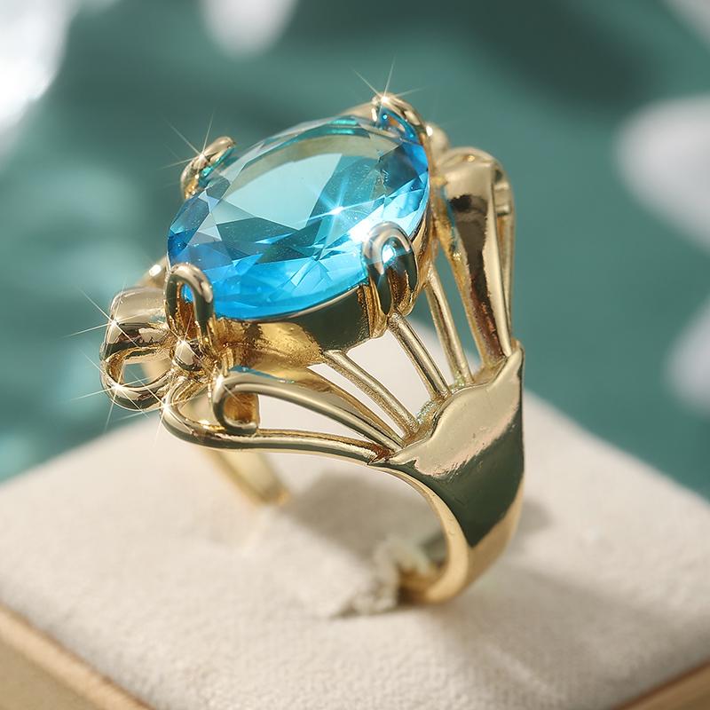 Elegantes Temperament Damen Blauer Synthetischer Zirkonia Vergoldeter Ring Vintage Exquisites Bankett Hochzeits Schmuck Zubehör Geschenke 10&Gold-color brown