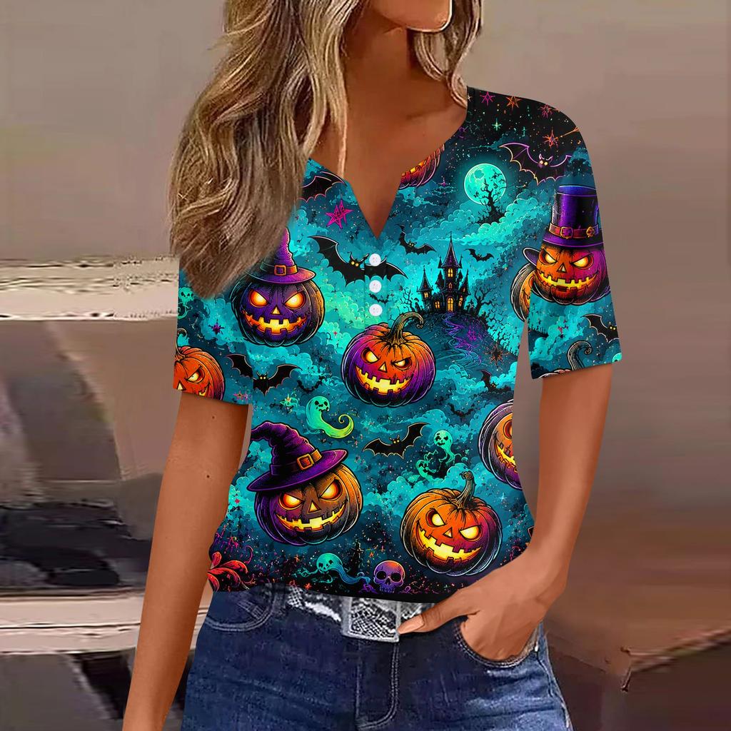 Women's Casual Halloween Print V Neck Short Sleeve Button T Shirt Top Lightweight Comfortable Fit