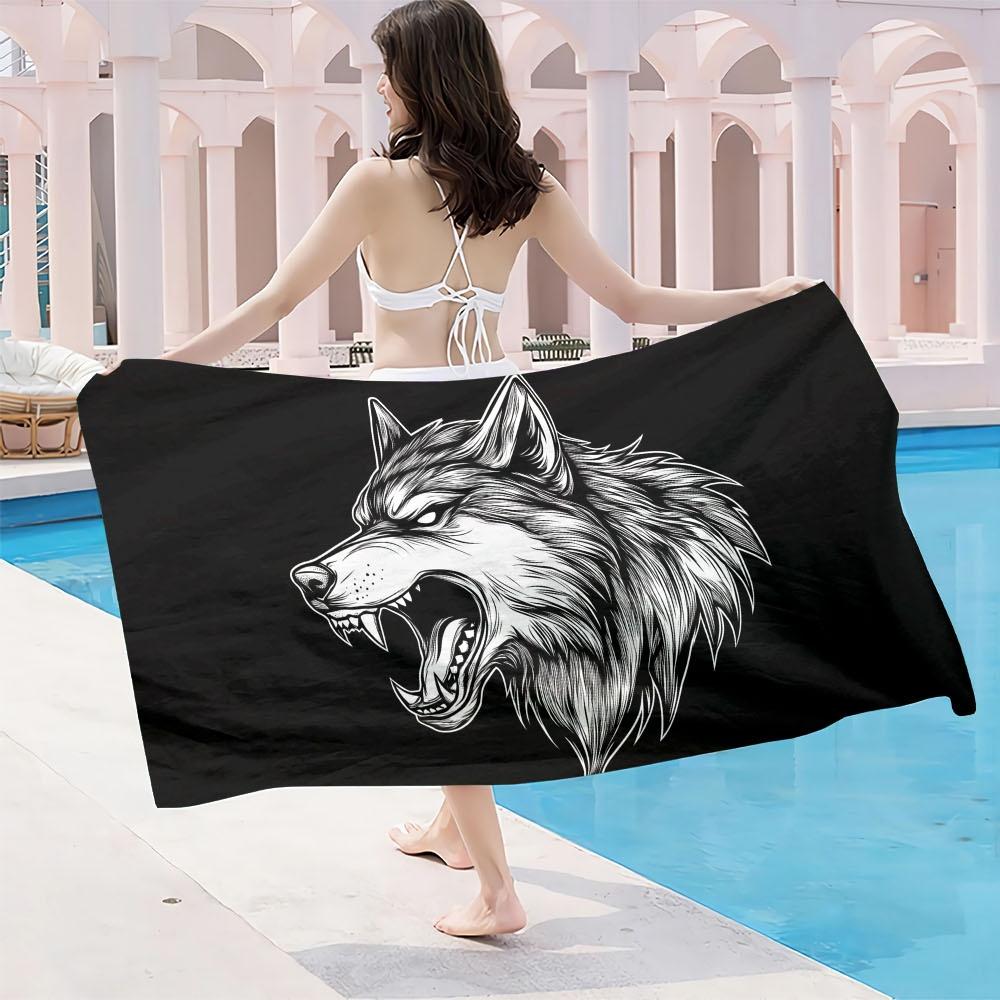 1pc Microfiber Large Beach Towel with Wolf Design - Extra Absorbent, Quick-Drying, Lightweight & Compact for Travel, Swimming