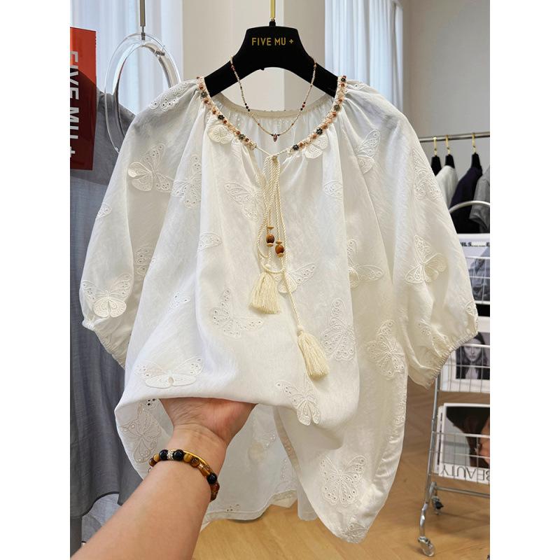 Korean Style Embroidered Butterfly Short Sleeve Women s Summer Blouse Large бежевый