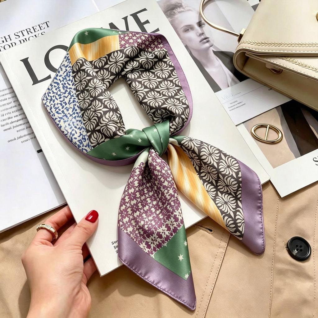 Autumn and winter Maillard cashew square scarf silk scarf women's shirt versatile neck small scarf tied hair decorative scarf