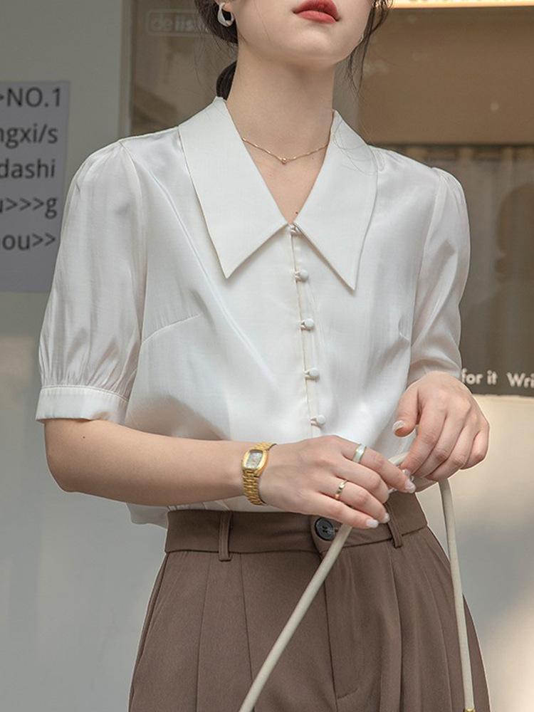 Elegant Ladies Shirts French White Shirt Female Short-sleeved Design Sense Niche V-neck Satin Blouse Summer Temperament Professional Commuter Shirt