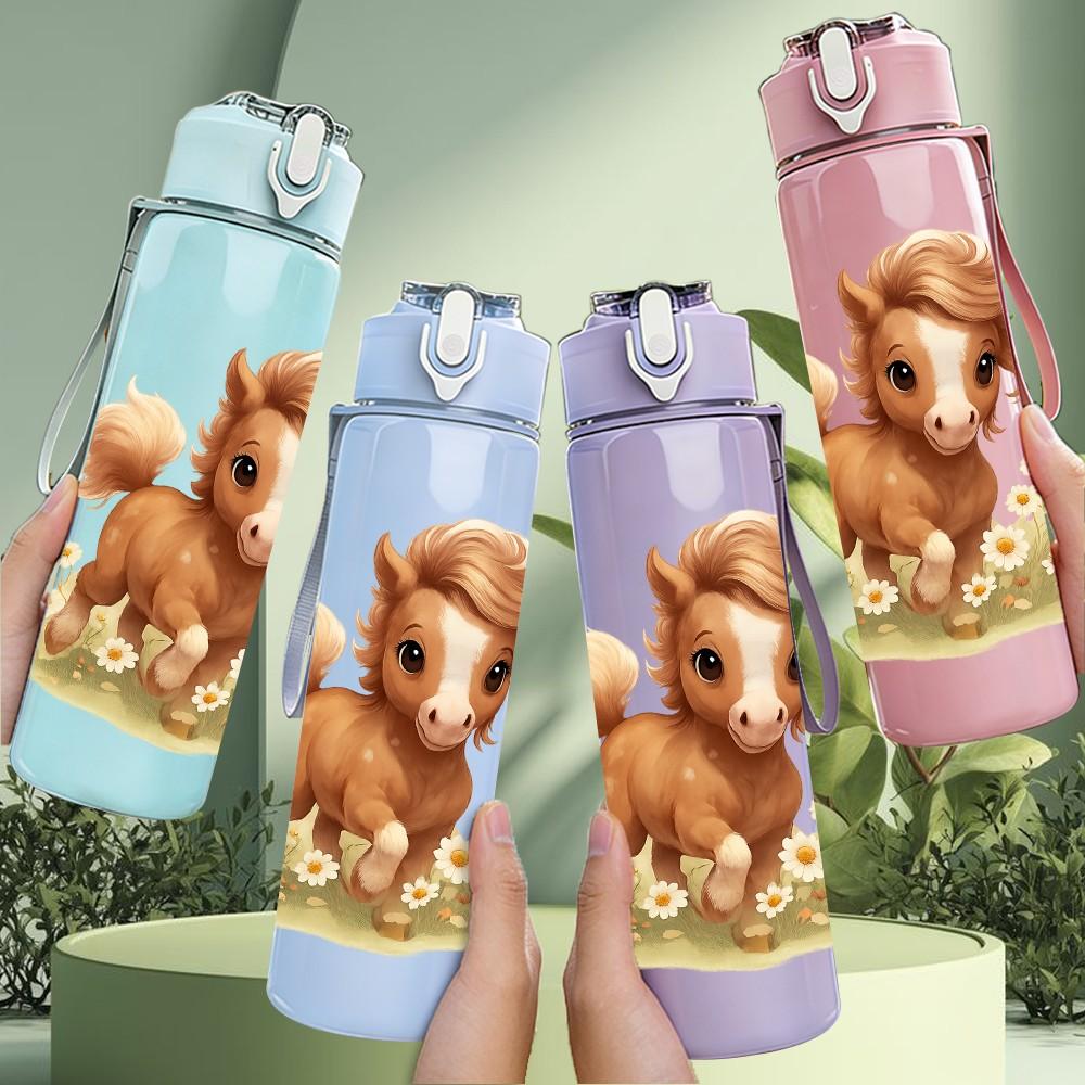 1PC Little Brown Horse Foal Cartoon Print 750ml Color Plastic Sports Water Bottle Leakproof Flip Straw Lid Suitable for Sports Office Home Use
