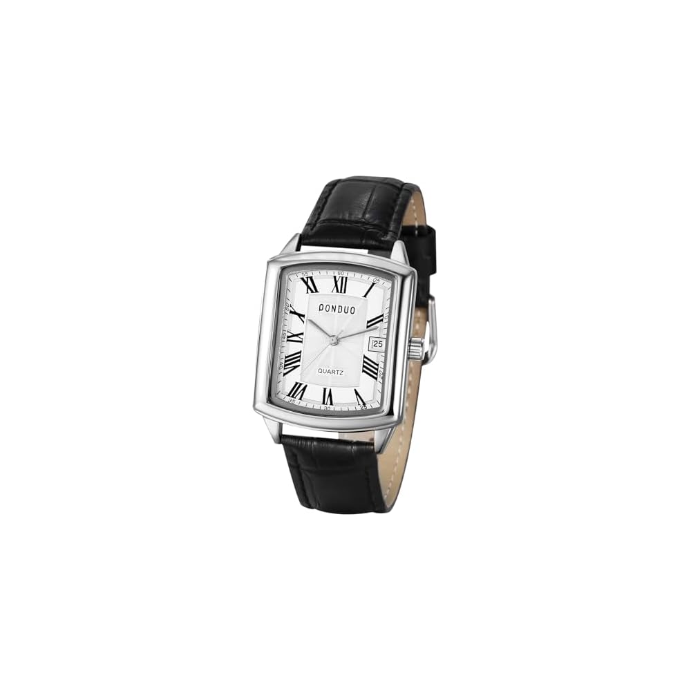 Men s Square Quartz Watch Leather Band Waterproof White Dial Roman Numerals Business Casual Timepiece