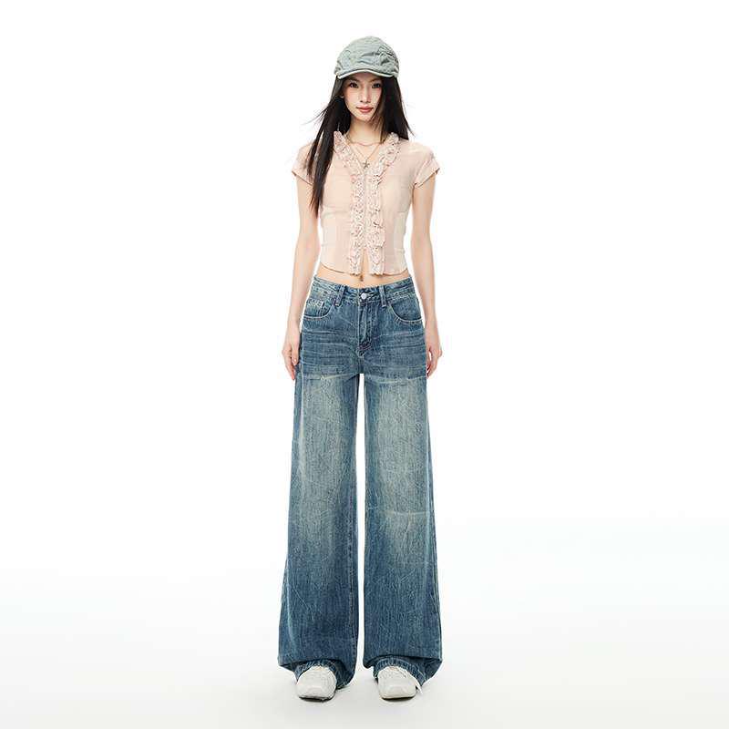Khaki Low-Waist Washed Straight-Leg Retro Women's Casual Pants