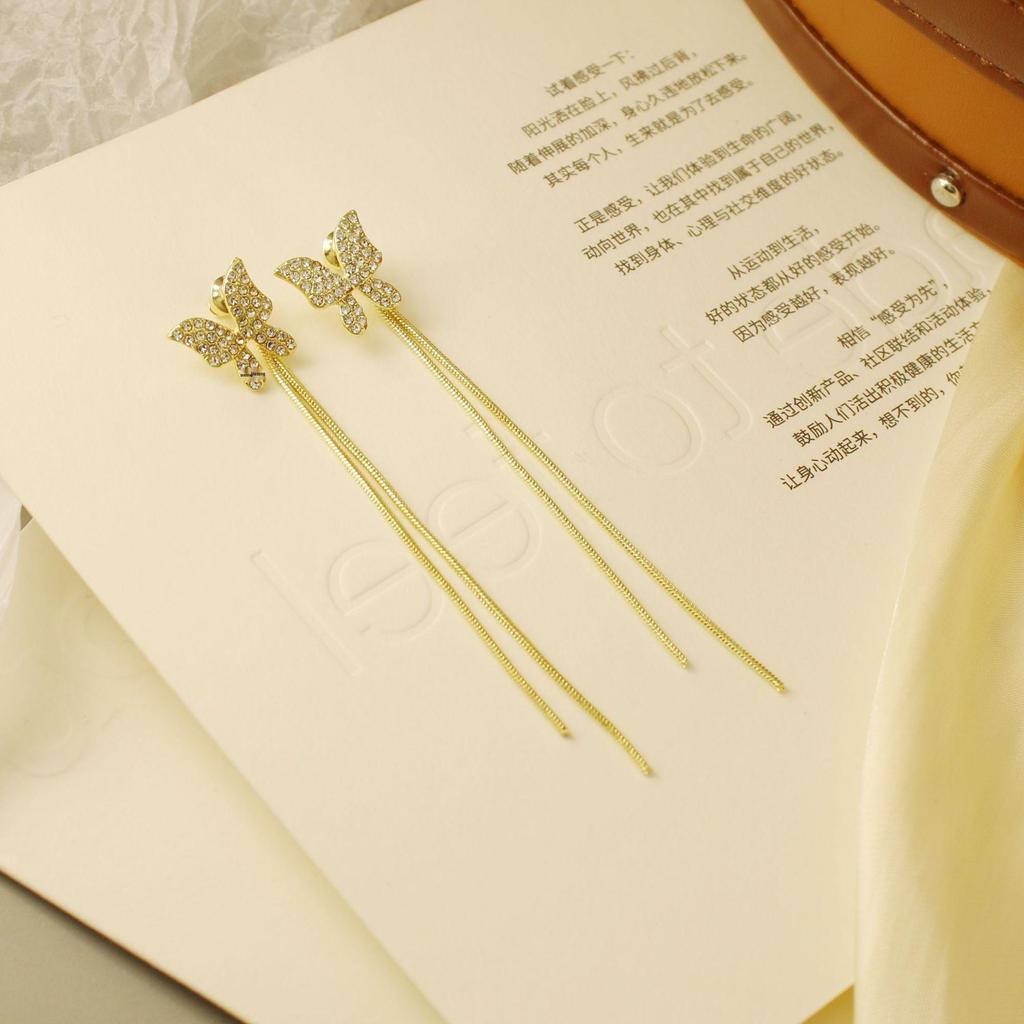 Elegant Black Butterfly Rhinestone Tassel Earrings - Versatile Two-Way Wear Trendy Accessories