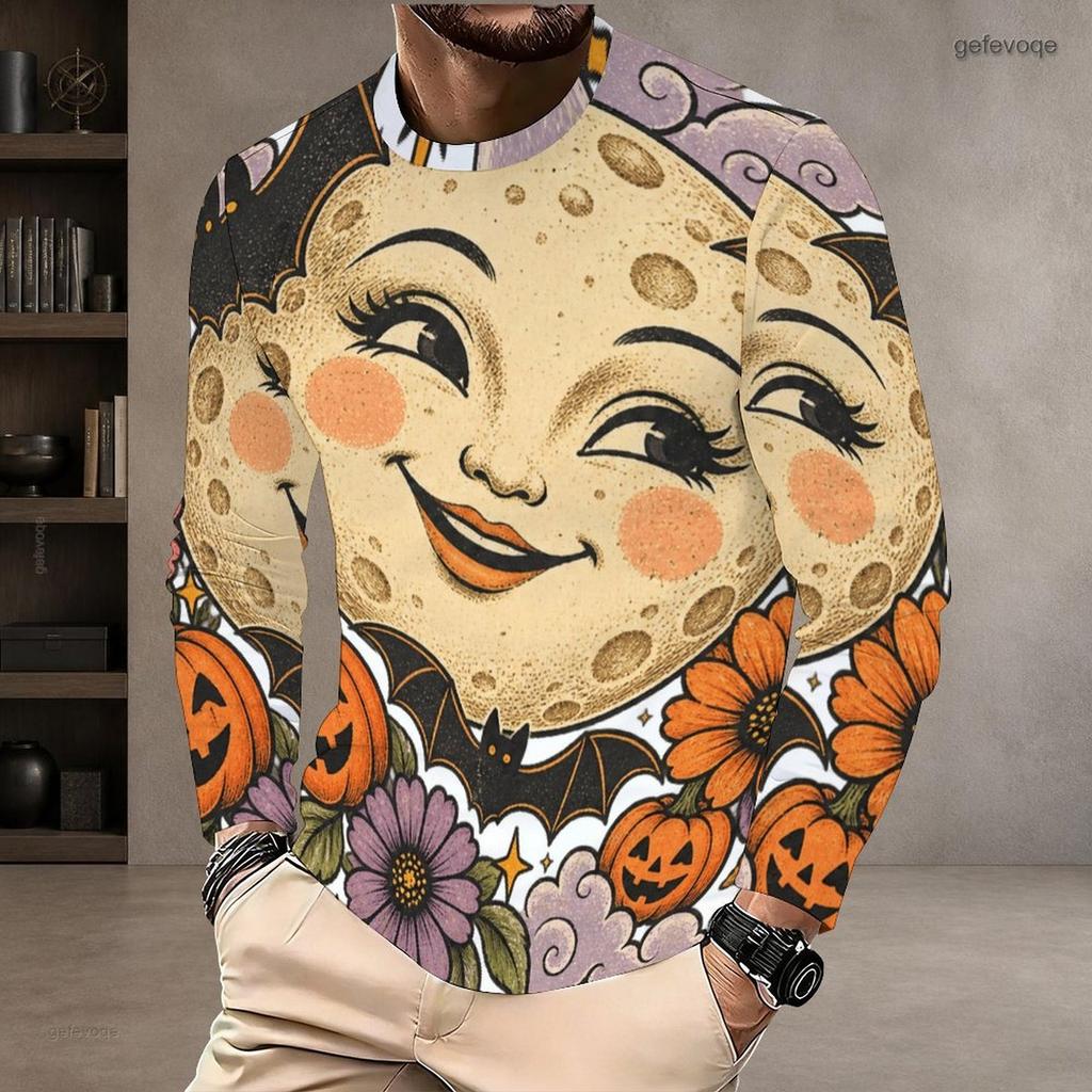 Men Plus Size Crew Neck Long Sleeve Shirt Black Gothic Skull Lion Graphic Casual Street Style Top