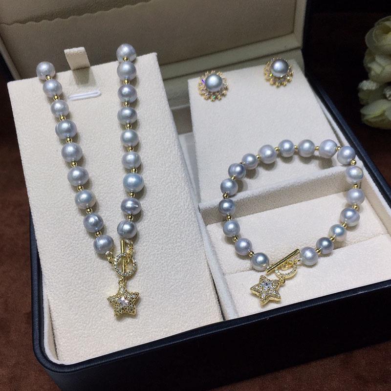 Freshwater Pearl Necklace, Earrings & Bracelet Set - Minimalist Design