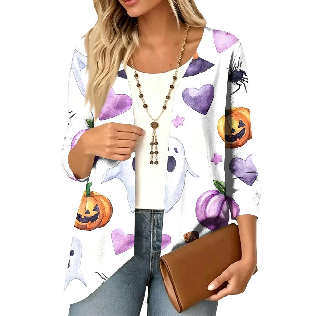Women's Lightweight Cardigan with Halloween Print , Three-Quarter Sleeve , Relaxed Fit for Casual Halloween Outfits