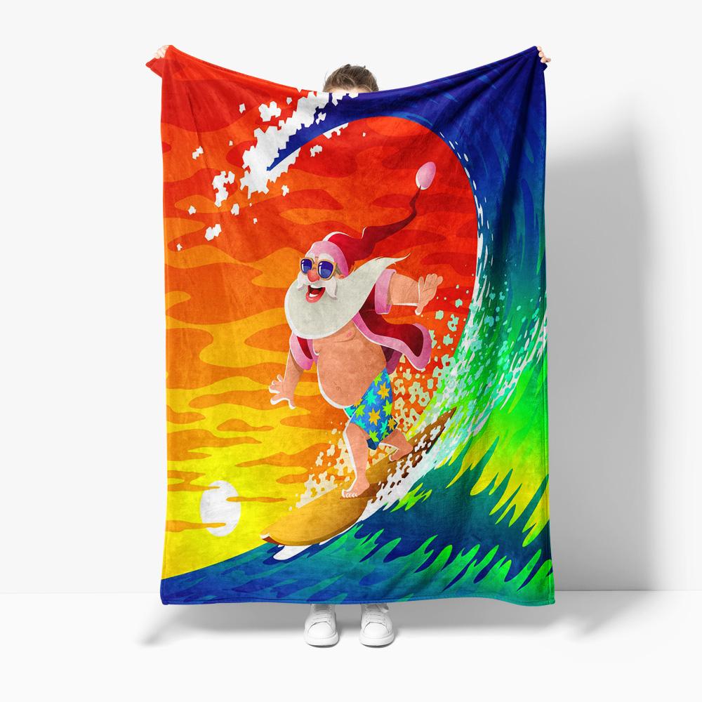 Santa Claus Surfing Beach Blanket Throw Coastal Home Decor Festive Holiday Gift Tropical Ocean Vibes Vacation Summer Vibes Cozy