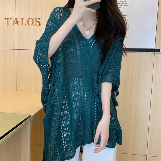 Cover Up Dress V-Neck Short Sleeve Hollow Out Breathable Loose Fit Summer Tops Beach Bikini Cover Up