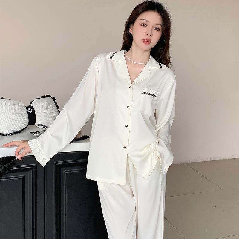 Ice Silk Pajamas Women's Spring and Autumn Thin Anti-acetic Acid Lapel Cardigan Long-sleeved Summer Can Wear Loungewear Suit