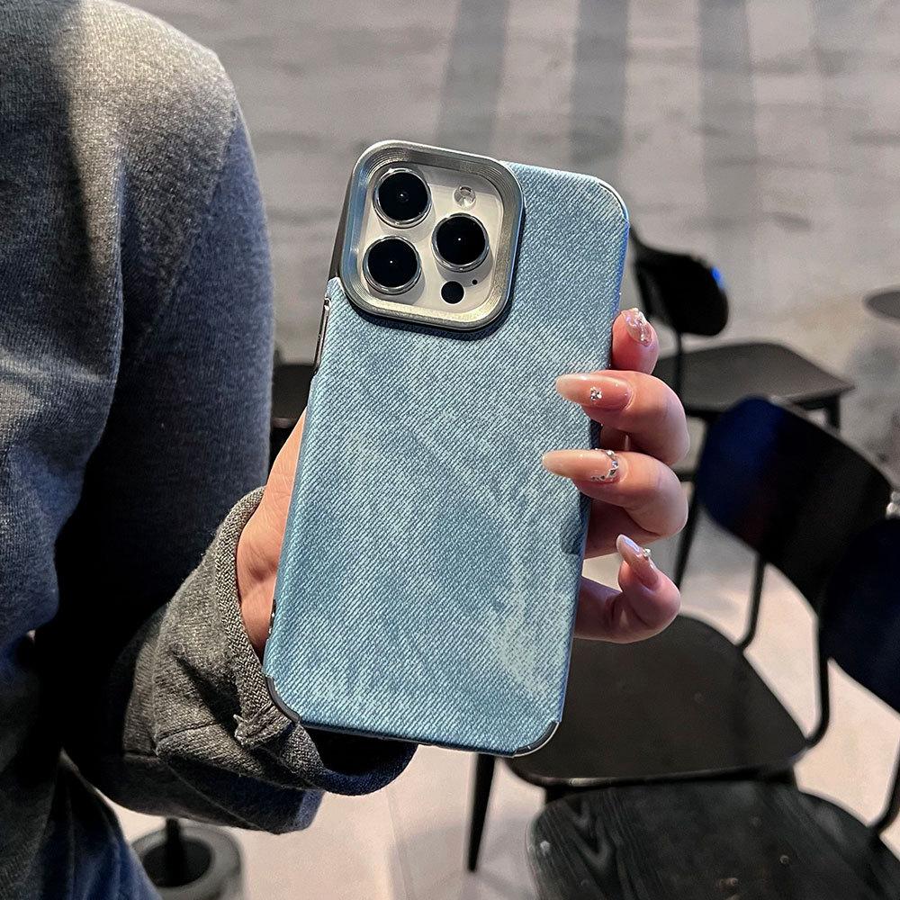 Sticky Denim Pattern Is Suitable for iPhone16 Mobile Phone Case Button Hollow Anti-drop Apple 17 Advanced Sense Protective Case 15