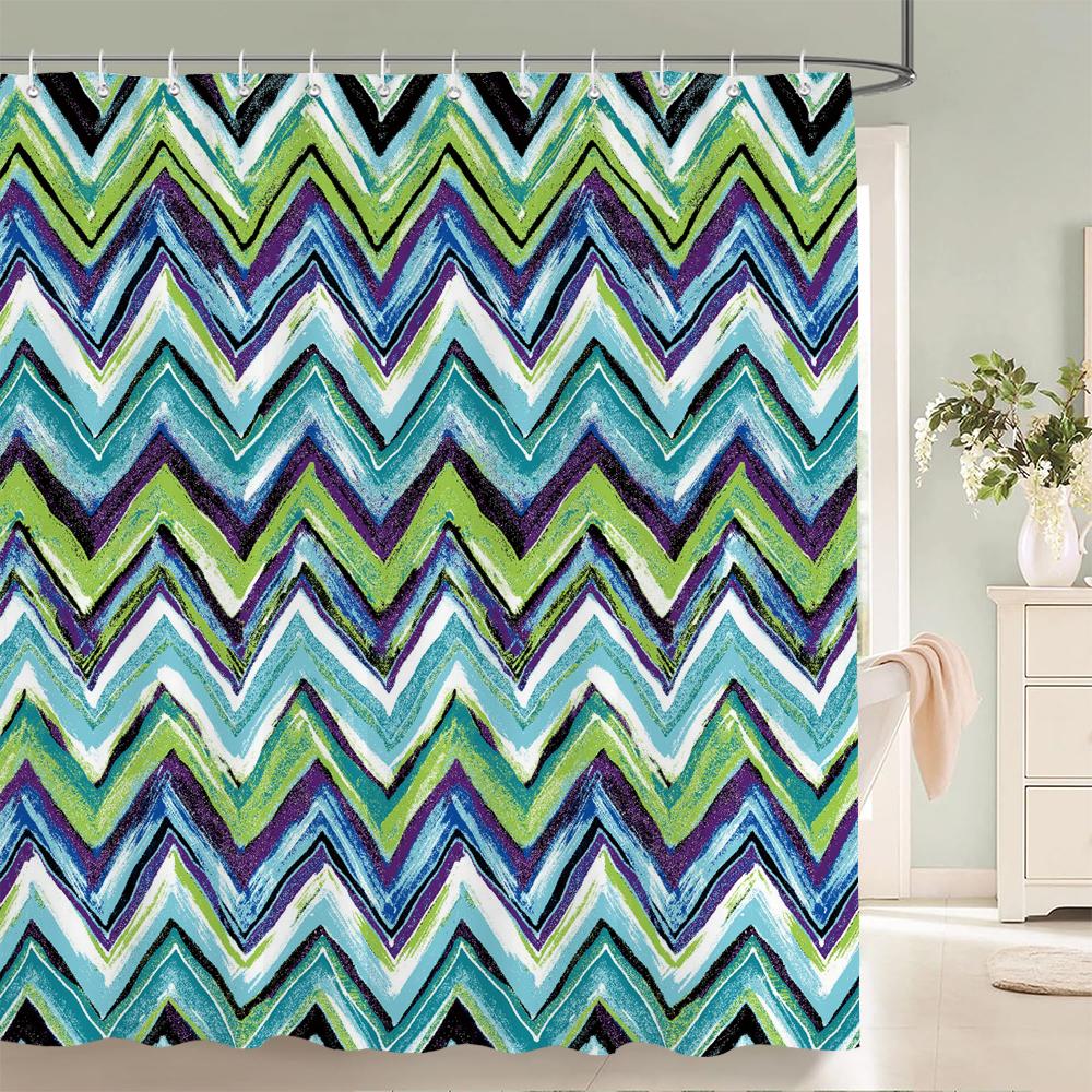 Geometric Stripe Printed Shower Curtain Color Art Polyester Fabric Shower Curtain Home Bathroom Decoration Curtain with Hooks