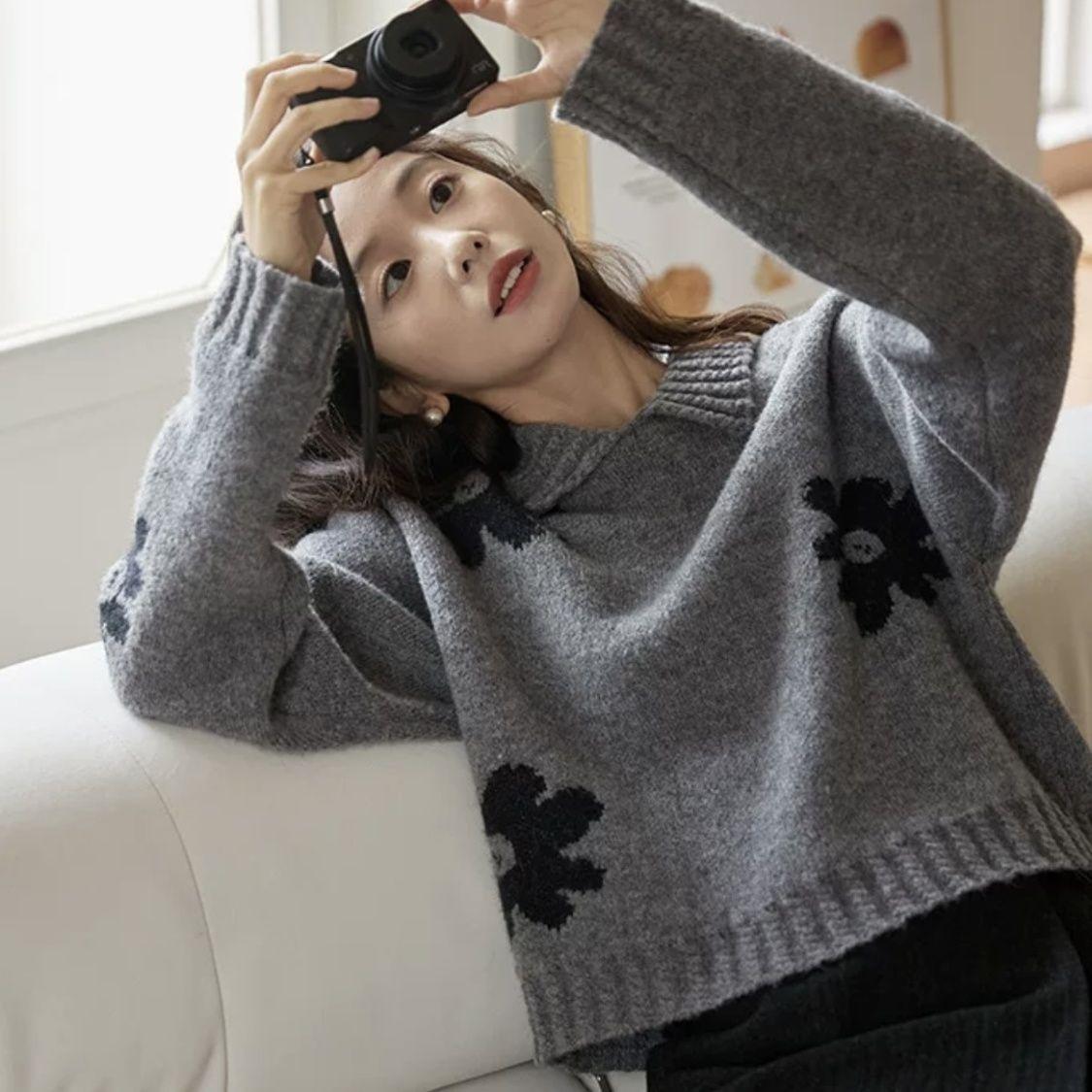 

Ретро-цветочный серый свитер с лацканами для женщин на осень и зиму, свободный и ленивый стиль, короткий свитер-пуловер, свитер толстой вязки 3XL