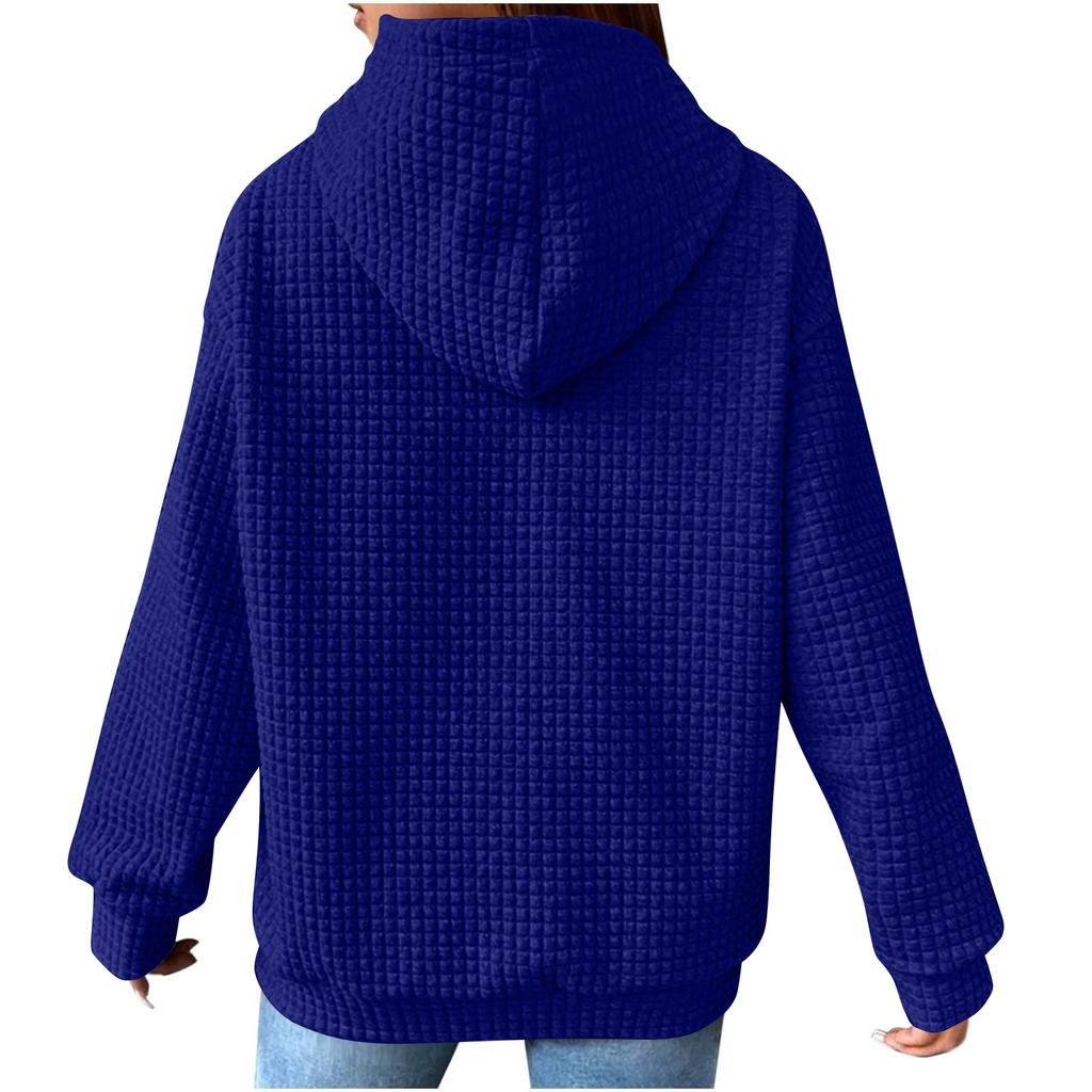 Women's Fashion Loose Hooded Pullover Long Sleeve Patchwork Plaid Sweat Drawstring Shoulder Strap Pocket Top