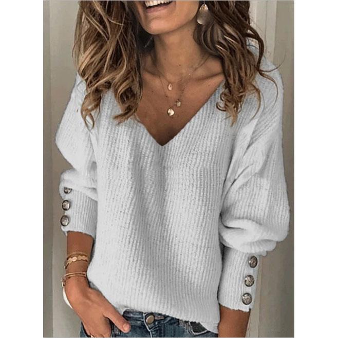 Haut Tricoté à Col V, Coupe Ample, Boutons, Couleur Unie, Printemps et Automne pour Femmes