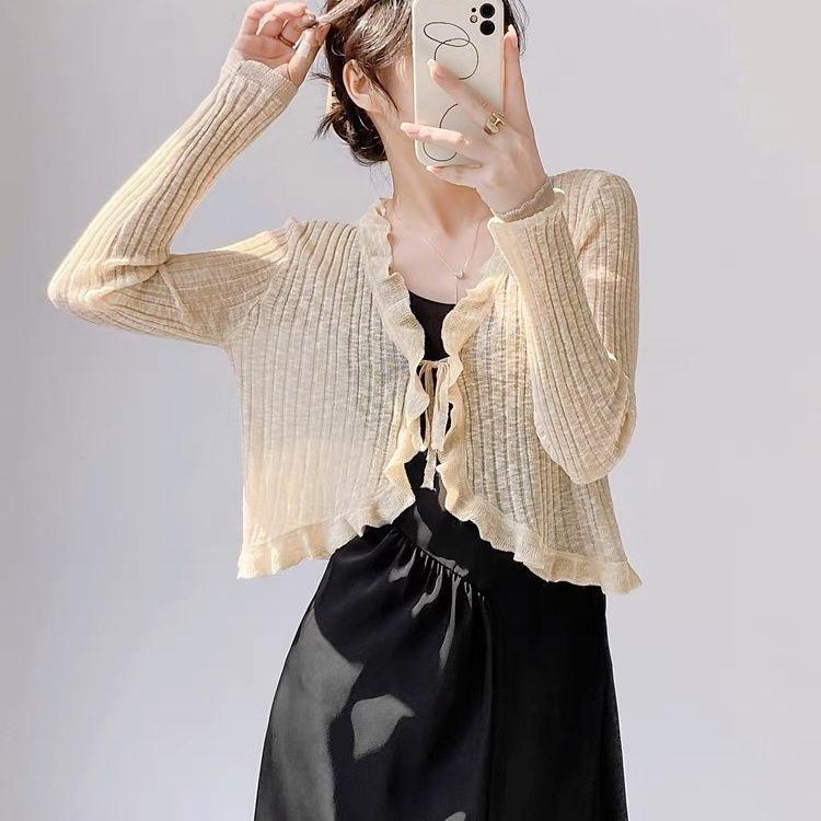 Summer Women's Sunscreen Knitted Shirt Lace Trim One Button Long Sleeve Crop Top Women Short Sleeve Open Front Ribbed Knit Cardigan