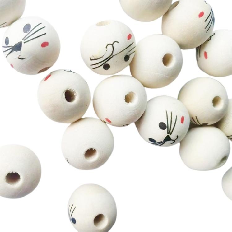 50Pcs Wood Faced Beads, Smiles Beads with Holes, Natural Wood Beads Round Beads