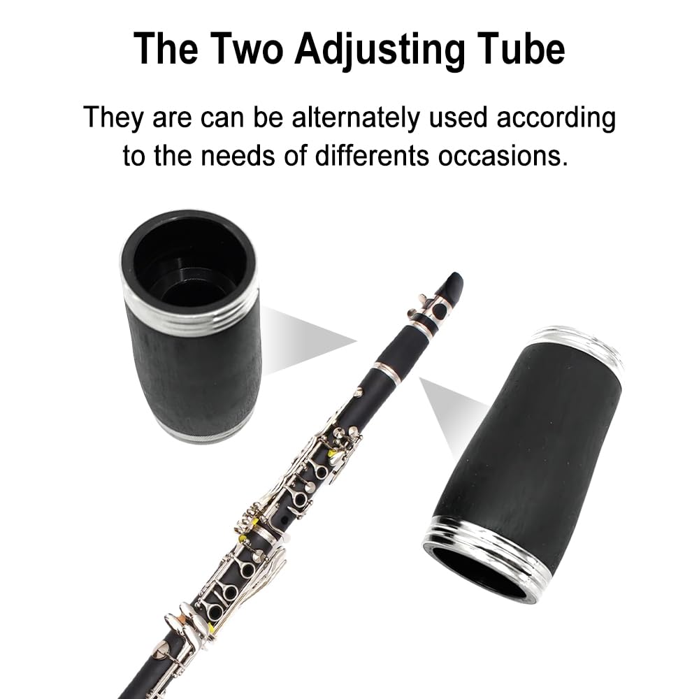 WUQIMUSC Beginner Clarinet, Bb Key, for Students and Adults, Ebonite Wood, Nickel Plated Keys, 2 Barrels, Reed, Accessories (Bb Key Clarinet)