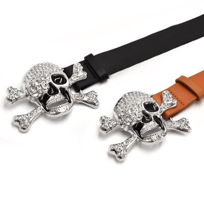 Cintos com Fivela de Cabeça de Caveira Tira de Cintura Feminina Cintos com Fivela de Strass Moda Y2k Ocidental Cowboy para Jeans