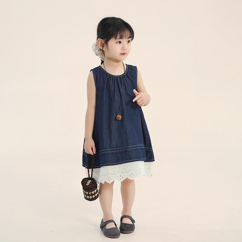 Kids Girls Korean Style Contrast Color Lace Denim A Line Dress