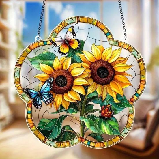 2D Acrylic Highland Cattle Hanging Ornament, Stained Glass Effect Farmhouse Wall Decor with Metal Chain, UV Printed Sun Catcher for Window Light