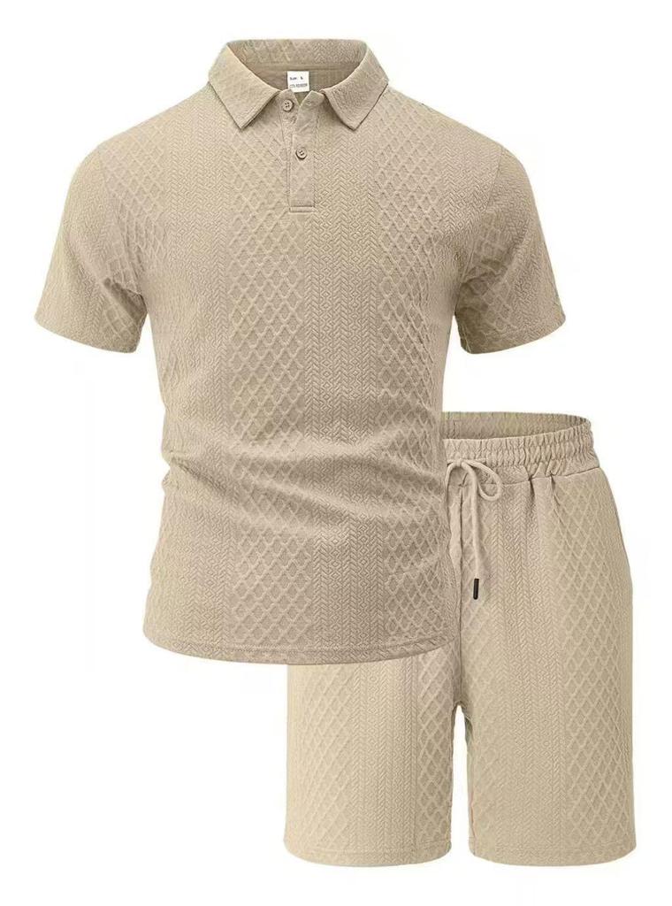 Men's Summer Jacquard Fabric Casual Polo Shirt & Shorts Set