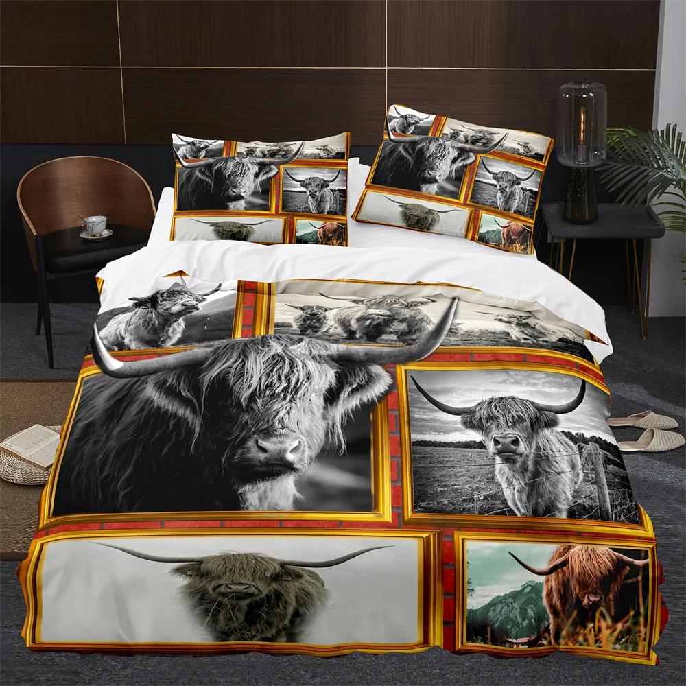 Highland Cow Duvet Cover King Queen Cattle Bedding Set Farmhouse Animal Quilt Cover Western Funny Bull Polyester Comforter Cover