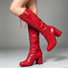 Retro Classic Knee-high Boots 7CM High Block Heel Boots Square Toe Lace-up PU Leather 60's 70's GO-GO Shoes For Women Ladies