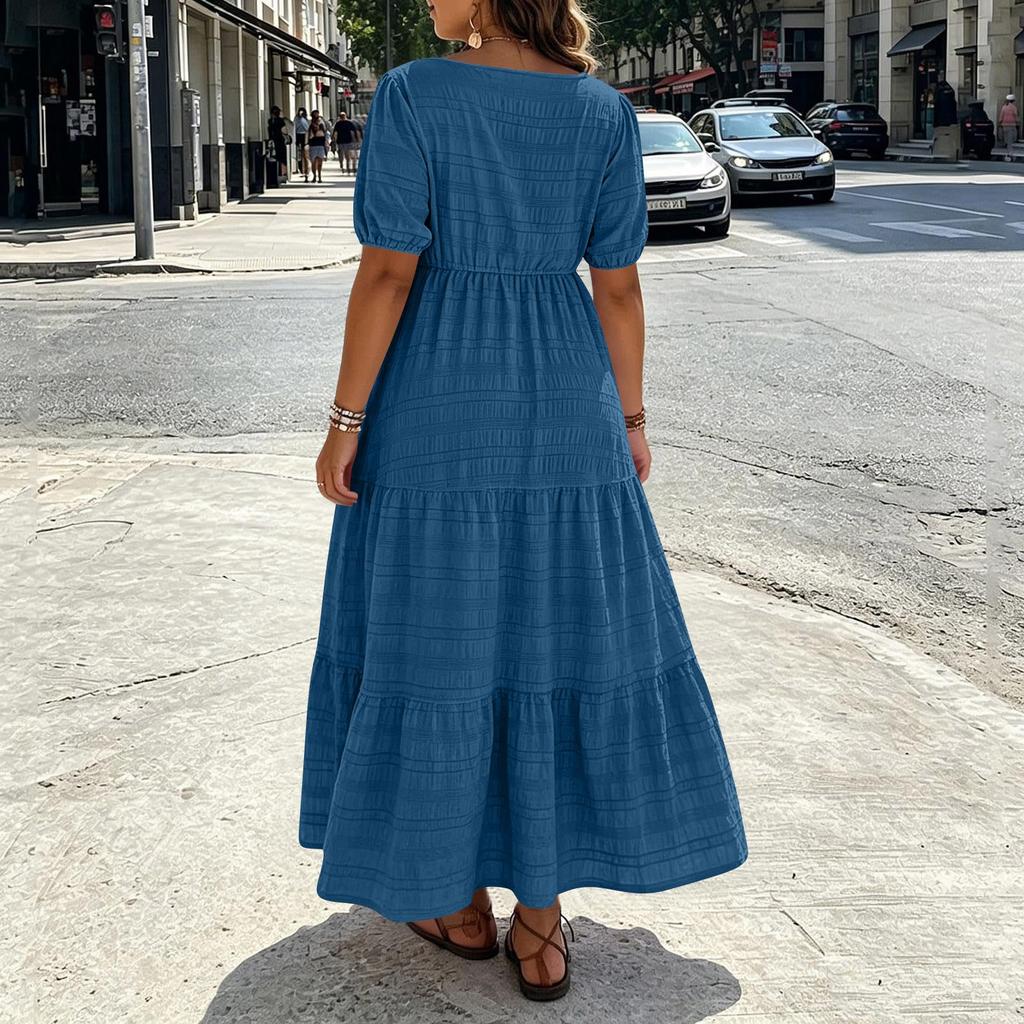 Women Plus Size Bohemian Maxi Dress Square Neck Puff Sleeve Loose Fit Casual Long Dress for Summer Beachwear