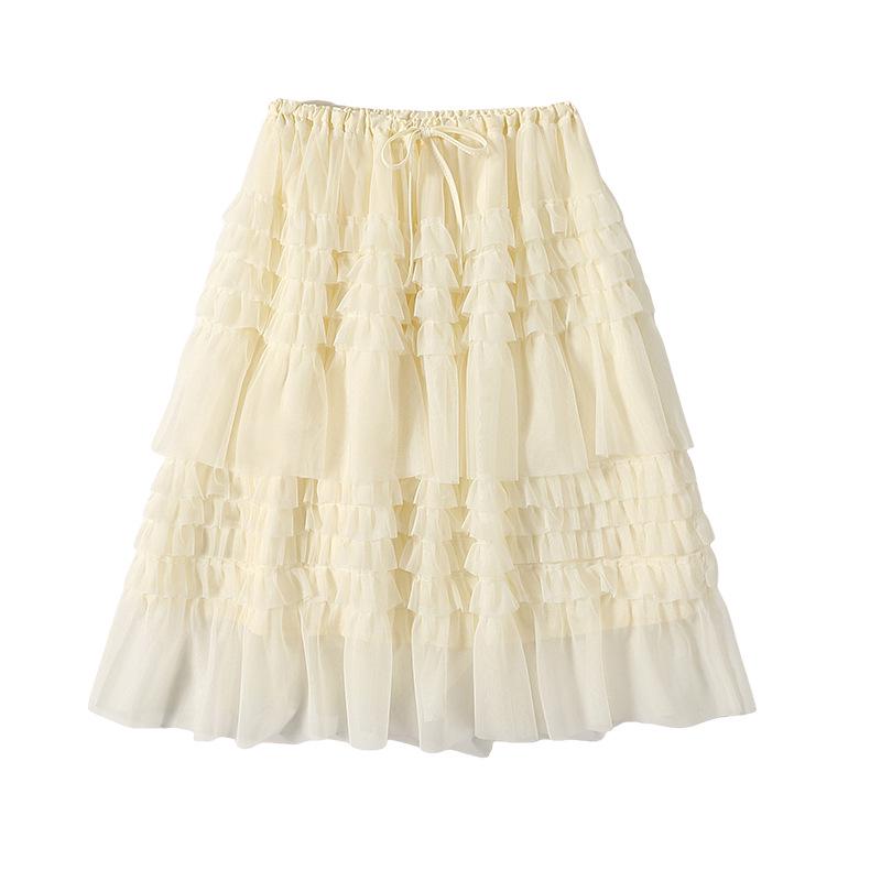 Korean Women's Layered Drawstring Mesh Skirt - Niche Design Fluffy Gauze Mid-Skirt