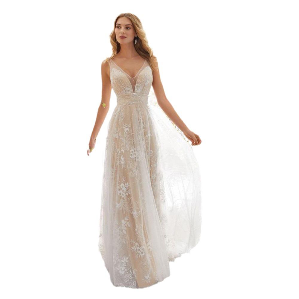 2026 Elegant V-neck Lace Wedding Dress - Sexy, Sleeveless European & American Style