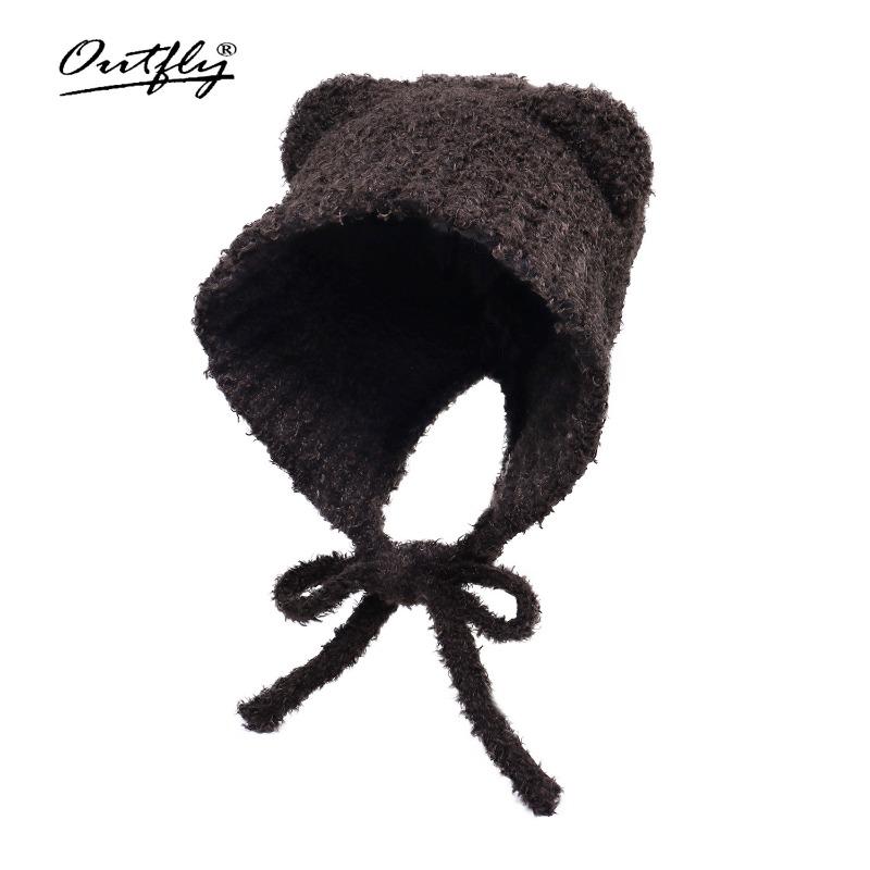 

New autumn and winter long rope plush bear thermal hat children autumn and winter versatile big head circumference cute ear protection темно-коричневого