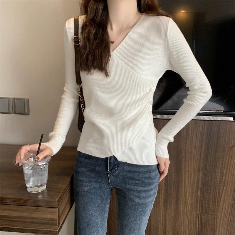 Women's Low-Cut Base Top Spring Autumn High-End Knitwear Sweater Tight-Fitting Blouse