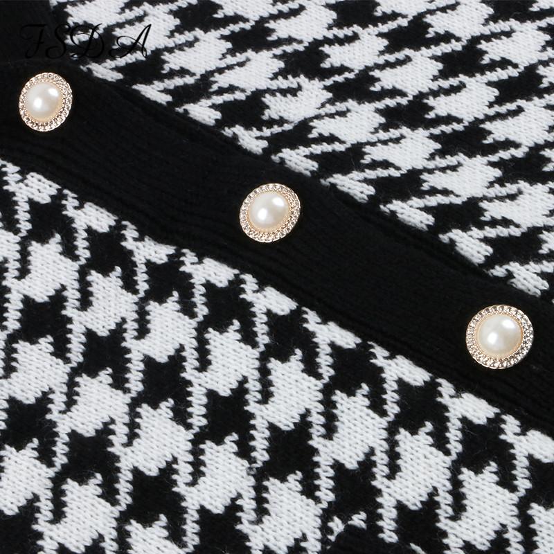 V-Neck Women Button Black Houndstooth Cardigan Long Sleeve Sweater Autumn Winter Knitted Loose Oversized Jumper Casual