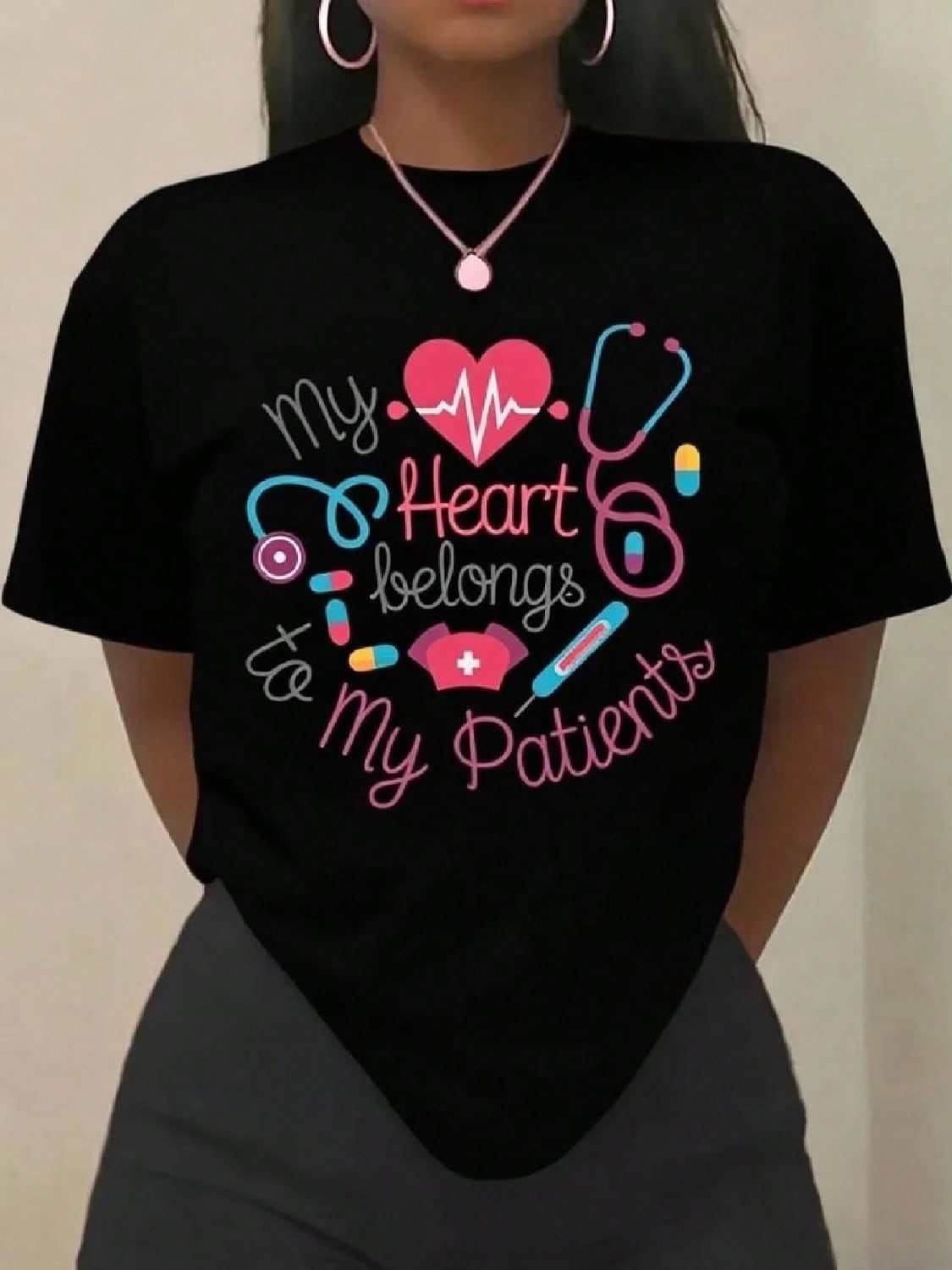 Print Tee Spring Summer Sleeve Casual Daily T Shirt My Heart Belongs To My Patients Nurse Aesthetic Clothes Short Sleeves S разноцветный
