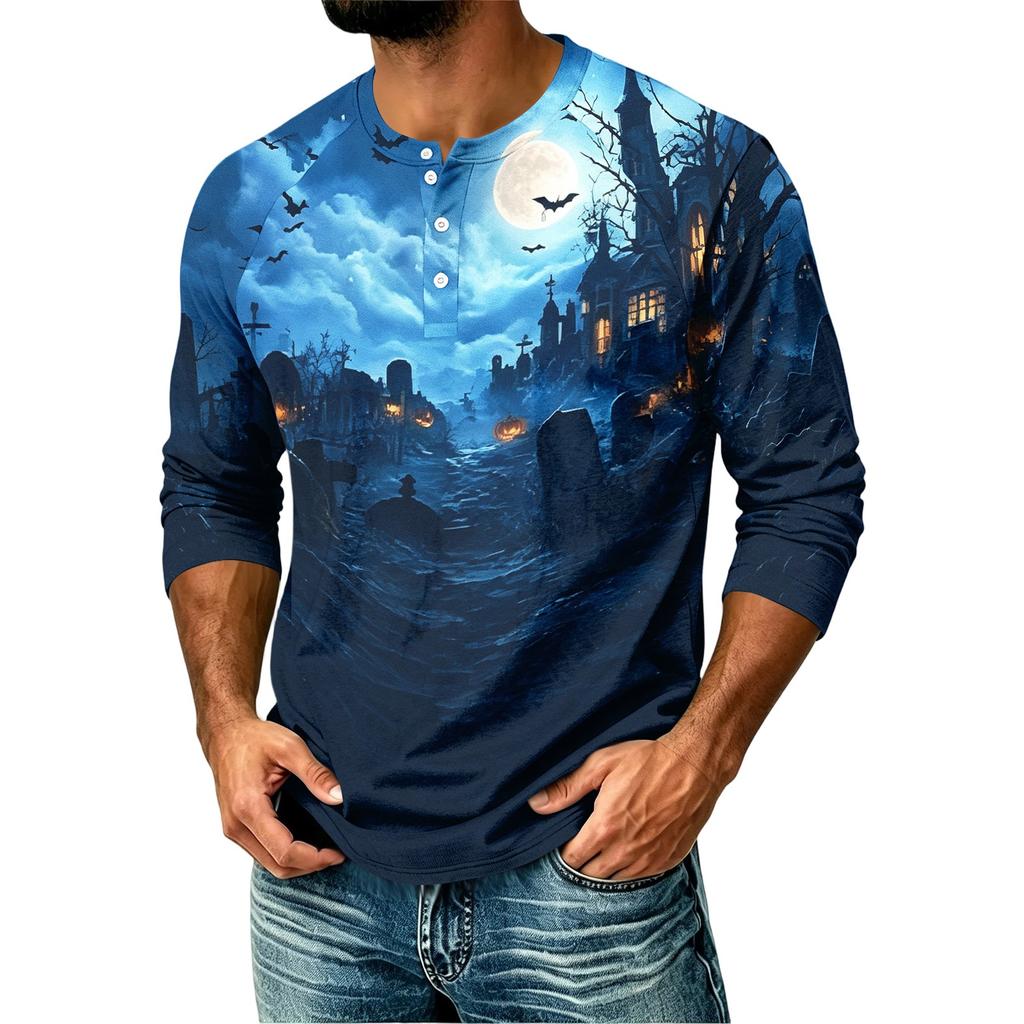 Men's Casual Raglan Three-Quarter Sleeve Shirt Halloween Print