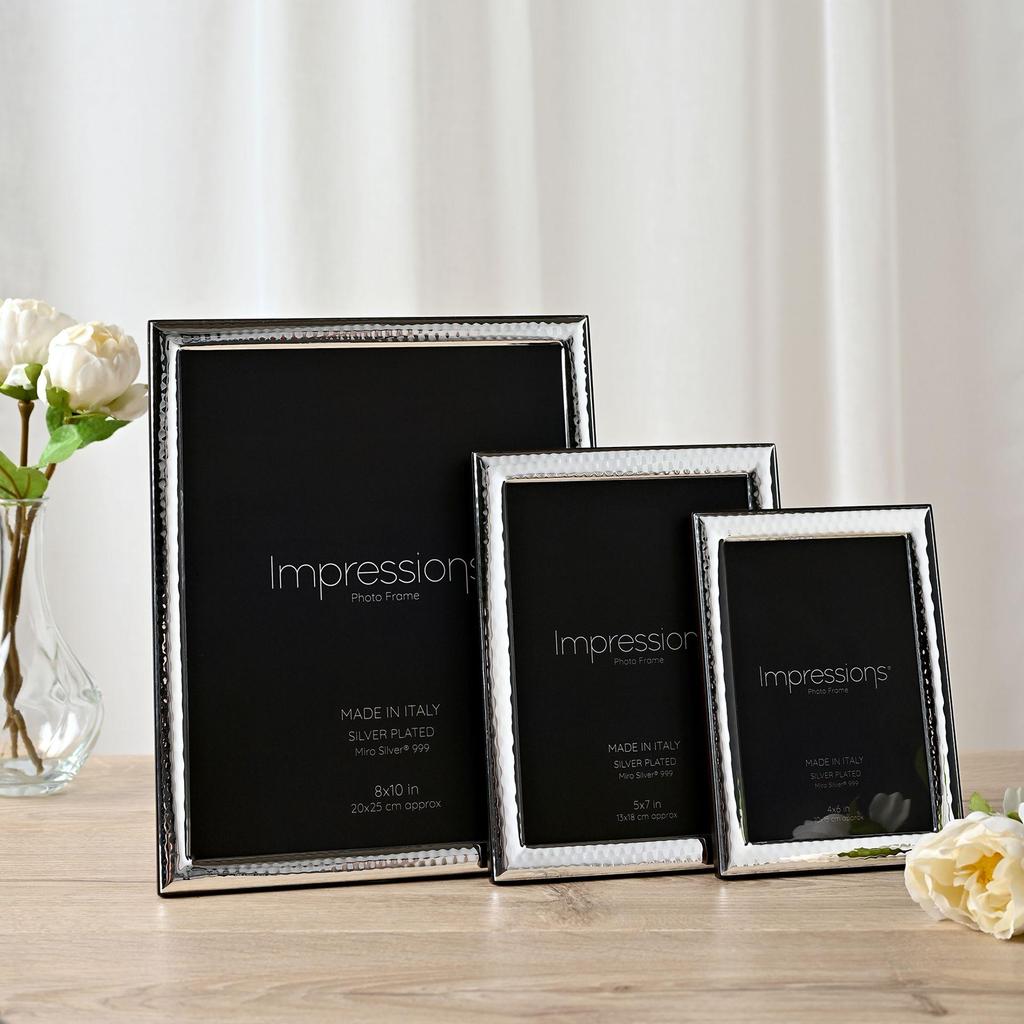 Impressions 999 Silver Narrow Hammered Photo Frame 8 x 10 Wood Back Made In Italy
