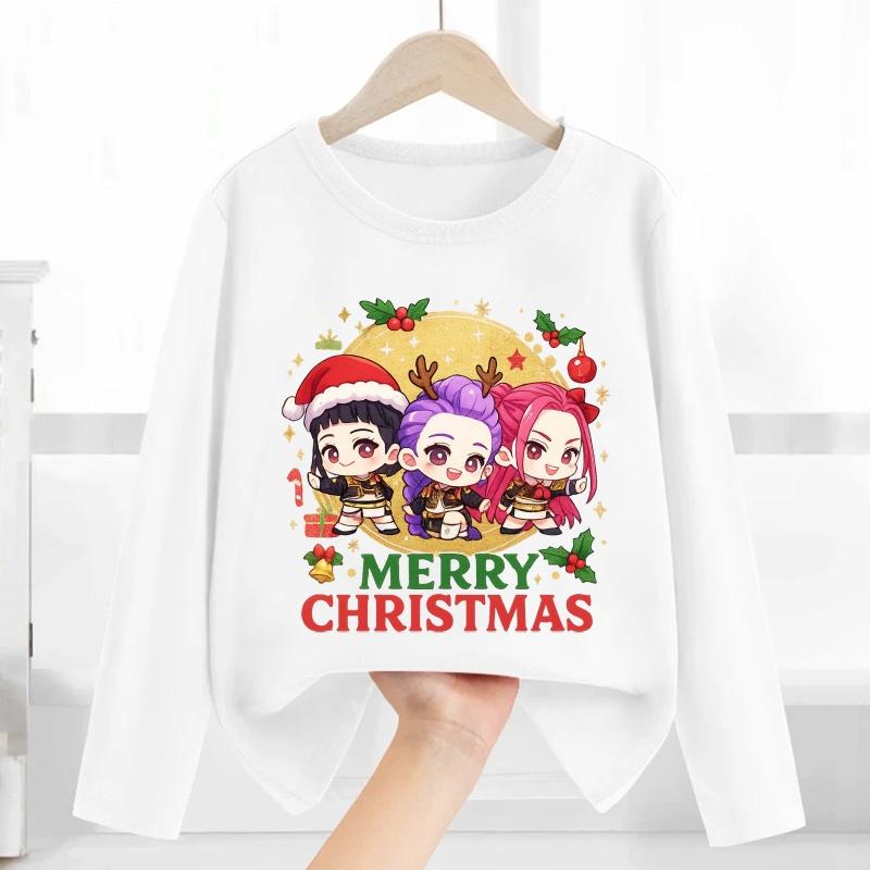 Merry Christmas Kpop Demon Hunters Print Fashion Kids T Shirt Casual Children Clothes Autumn Baby Boys Girls Long Sleeve T-shirt