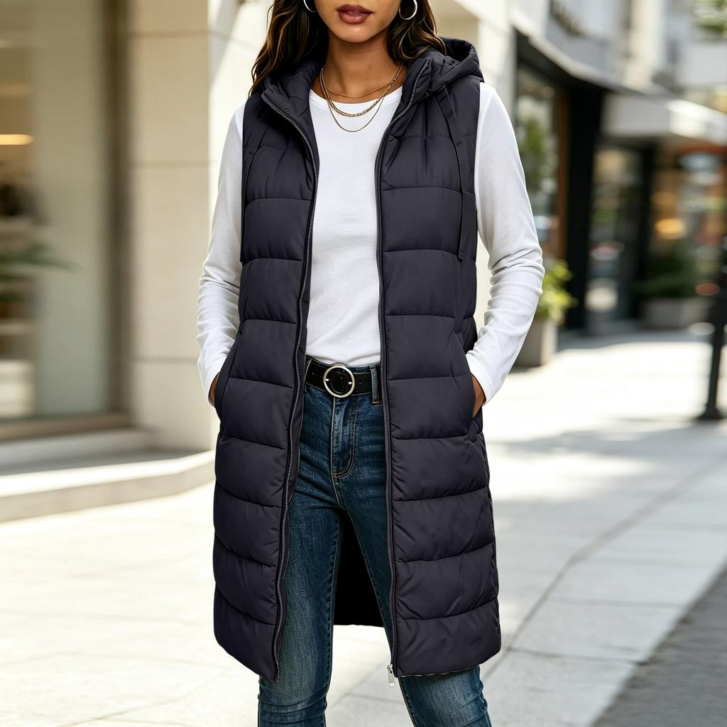 Women's Color Hooded Zip-Up Cotton Vest Mid-Length Plus Size Outerwear for Fall and Winter