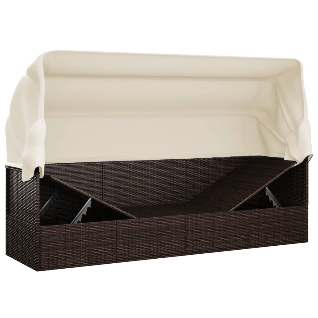 Letto da Lounge da Esterno con Tenda e Cuscini in Polyrattan Marrone