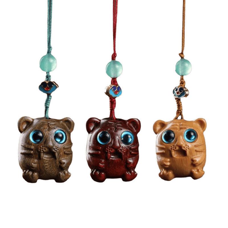 Red and Green Sandalwood Tiger Pendant Phone Charm - First Birthday Gift