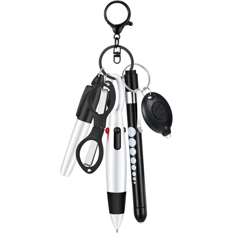 6-in-1 Multifunction Retractable Ball Pen Set Flashlight Foldable Scissors Ballpoint Pen Keychain Nurse Pens Permanent Marker