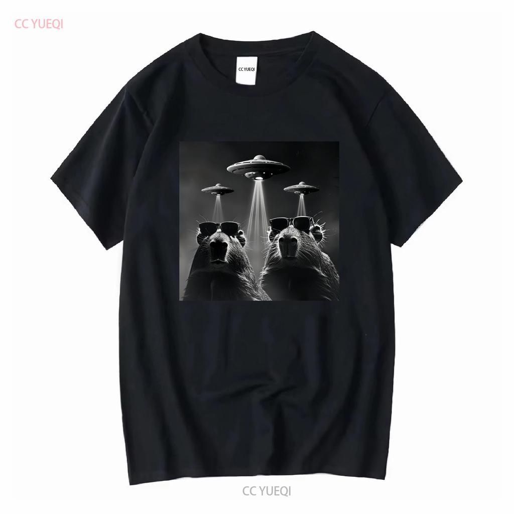 Capybara T Shirt Retro Selfie with UFO Funny Alien Plus Size 5xl 4xl 3xl Long or Short Sleeves Vintage Washed Stylish