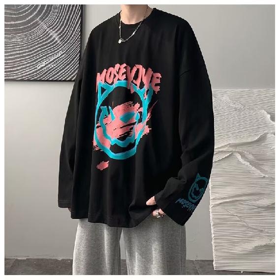 

2024 Мужская футболка с длинными рукавами Осенняя майка с длинными рукавами Хлопок Осенний Гонконгский стиль Печать Свободный модный топ 8XL чёрный
