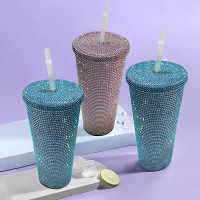 Trendiger 650ml doppelwandiger Kaltwasserbecher mit Strass und Strohhalm - Luxuriöses Geschenk für Männer & Frauen