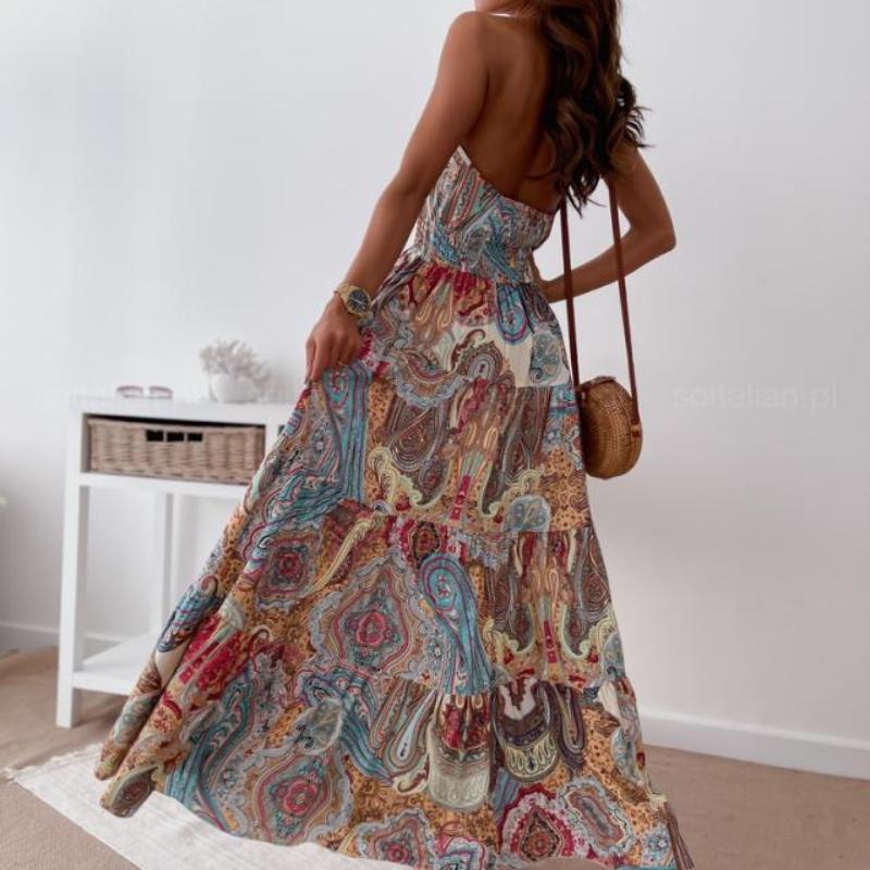 Women's Fashion Sexy Floral Backless Dresses Bohemian Long Dresses