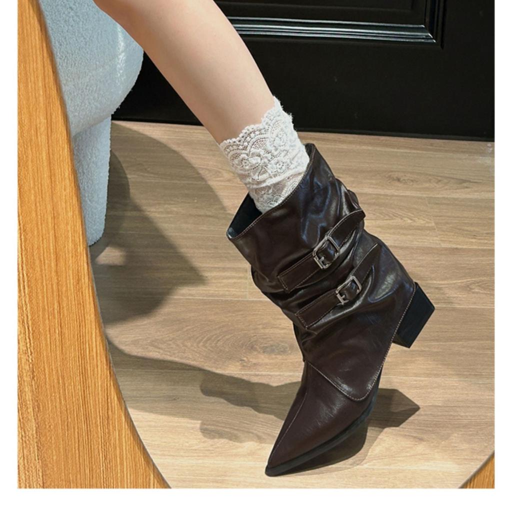 2025 Herbst neue spitze Retro Martin Stiefel Design geraffte Stiefel weiches Leder dünne weite Stiefel Damen