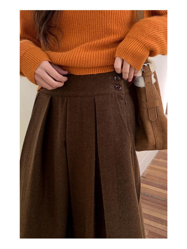 Jiu'er Berlin Wool Midi Skirt - Women's High Waist, Large Hem, 0760
